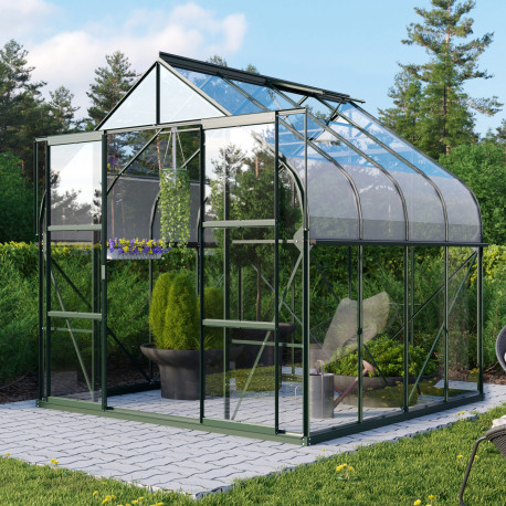 Szklarnia Dione 6,7 m² z aluminium i szkła hartowanego 3 mm w kolorze szmaragdowym - Vitavia