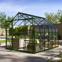 Szklarnia Dione 9,9 m² z aluminium i szkła hartowanego 3 mm w kolorze szmaragdowym - Vitavia