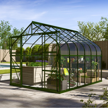 Szklarnia Dione 9,9 m² z aluminium i szkła hartowanego 3 mm w kolorze szmaragdowym - Vitavia