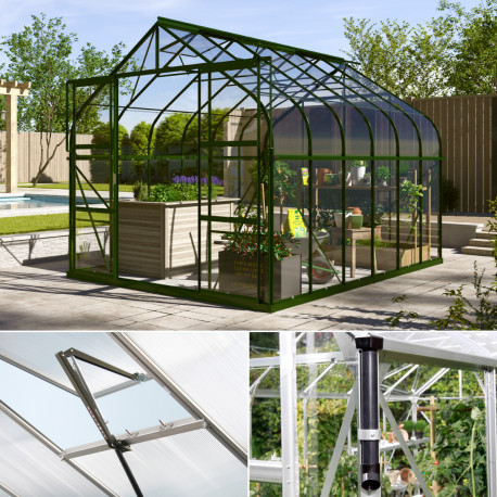 Zestaw szklarnia Dione 9,9 m² ze szkła hartowanego 3 mm w kolorze szmaragdowym + akcesoria - Vitavia