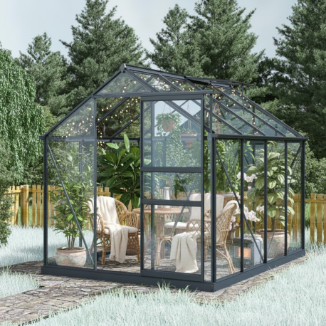Szklarnia ogrodowa 2x3 m RINCA z aluminium antracytowego i szkła hartowanego 4 mm + podstawa - Green Protect