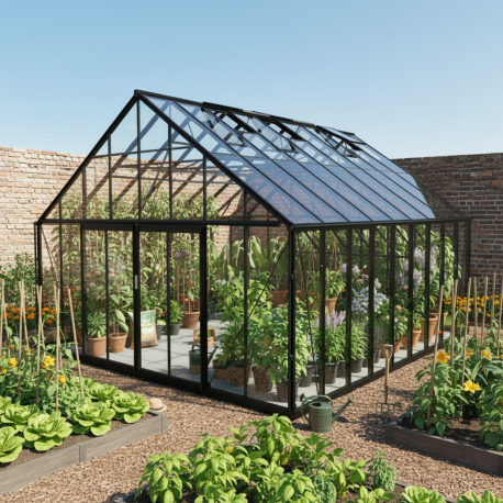 Szklarnia ogrodowa 4,9x6,1m ROYALE z aluminium w kolorze czarnym i szkła hartowanego 4 mm - Green Protect