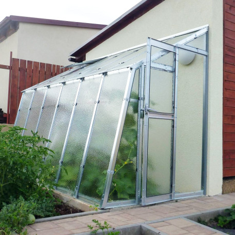 Szklarnia ogrodowa przyścienna ze szkła dyfuzyjnego 4 mm Variant C4,5 z wejściem po prawej stronie - 152x452 cm - Limes