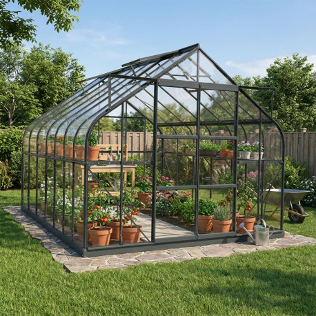 Szklarnia ogrodowa 3x4,2 m COMTESSE z antracytowego aluminium i szkła hartowanego 4 mm - Green Protect 