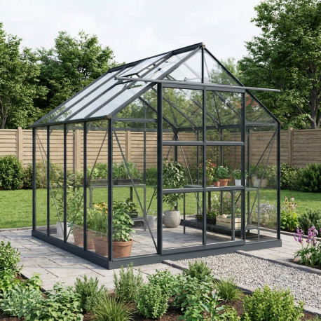 Szklarnia ogrodowa 2,5x2,5 m RINCA z aluminium antracytowego i szkła hartowanego 4 mm + podstawa - Green Protect