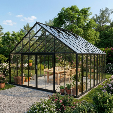 Szklarnia ogrodowa 4,9x5,5m ROYALE z aluminium w kolorze czarnym i szkła hartowanego 4 mm - Green Protect