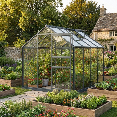 Szklarnia ogrodowa 2x2,5 m RINCA z aluminium antracytowego i szkła hartowanego 4 mm + podstawa - Green Protect